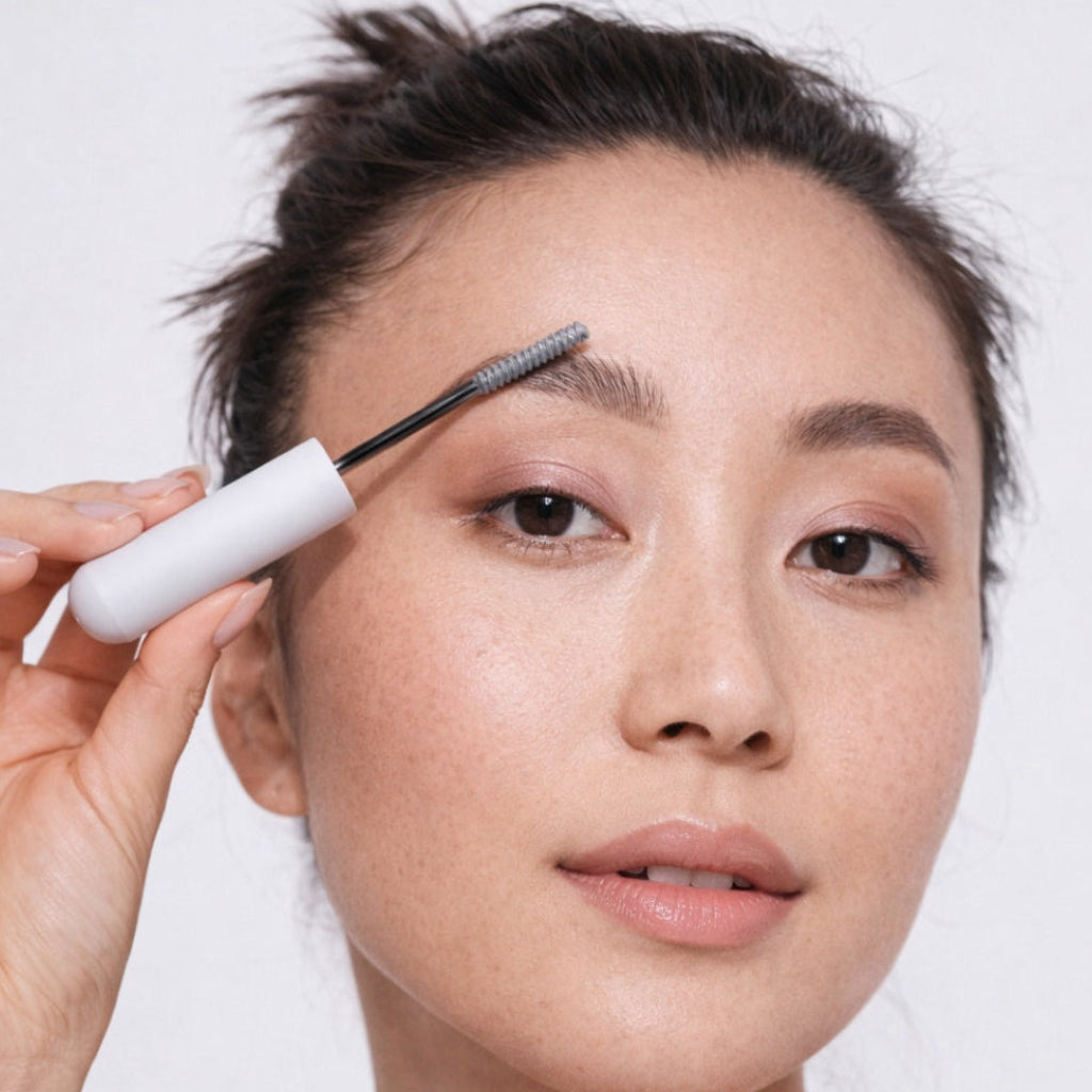 Woman applying mascara with a white wand against a plain background