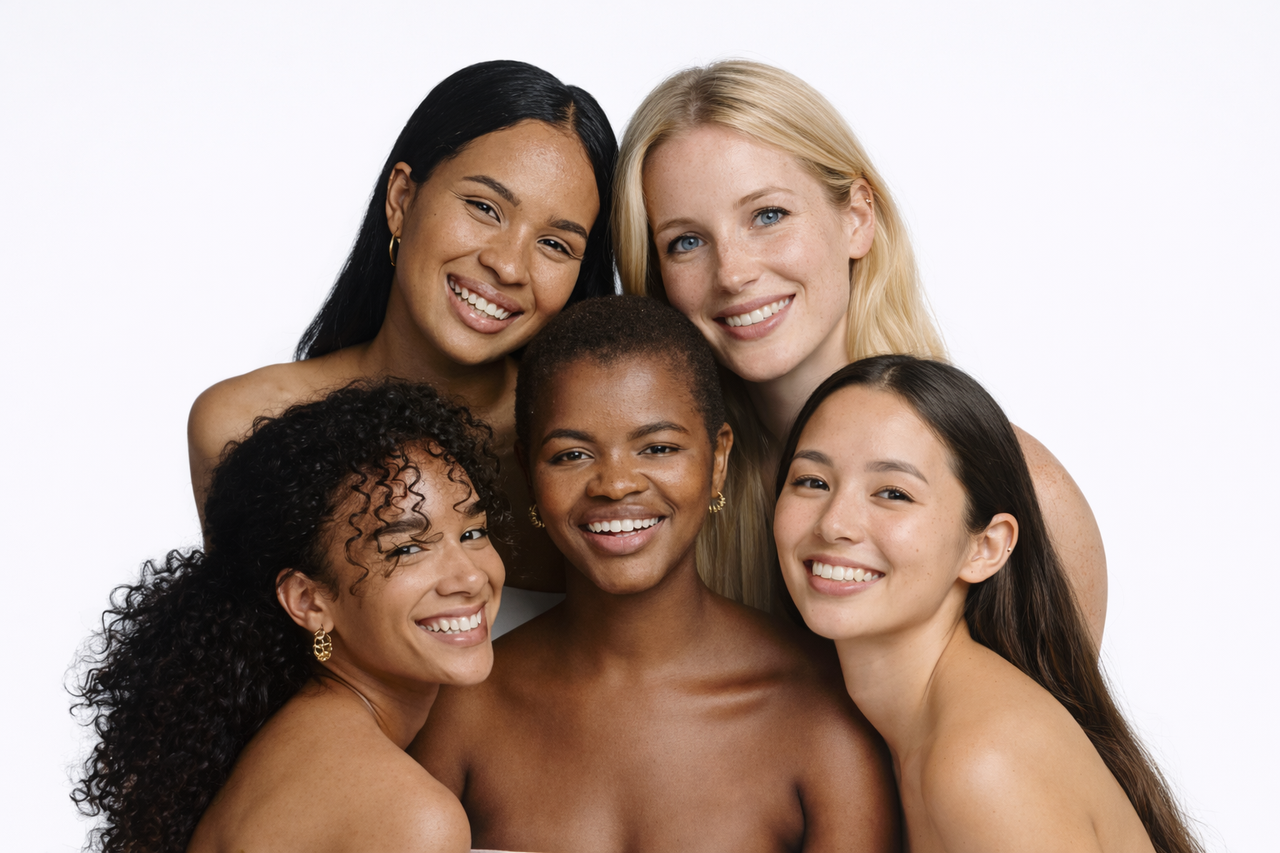 Five women of different ethnicities standing close together on a white background